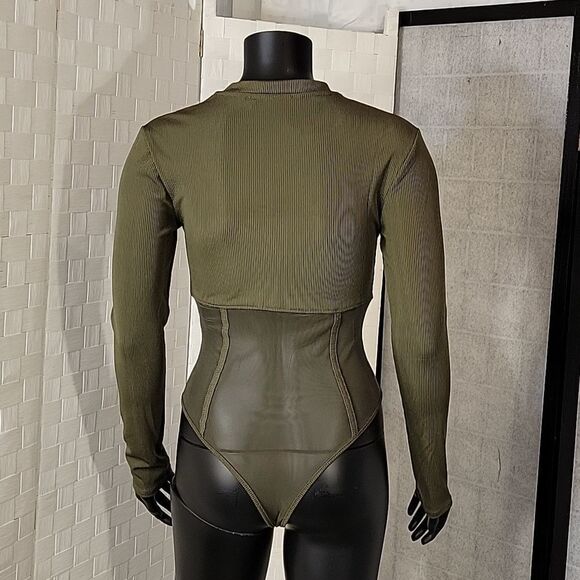 BRAND NEW LONG SLEEVES MESH INSERT HIGH NECK SOLID SHEER THONG SNAP BODYSUIT - Picture 8 of 15